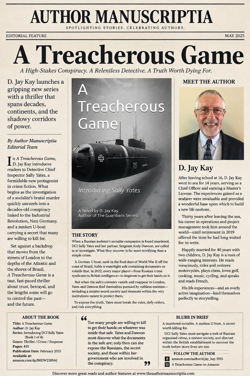 Author Manuscriptia editorial feature for A Treacherous Game by D. Jay Kay